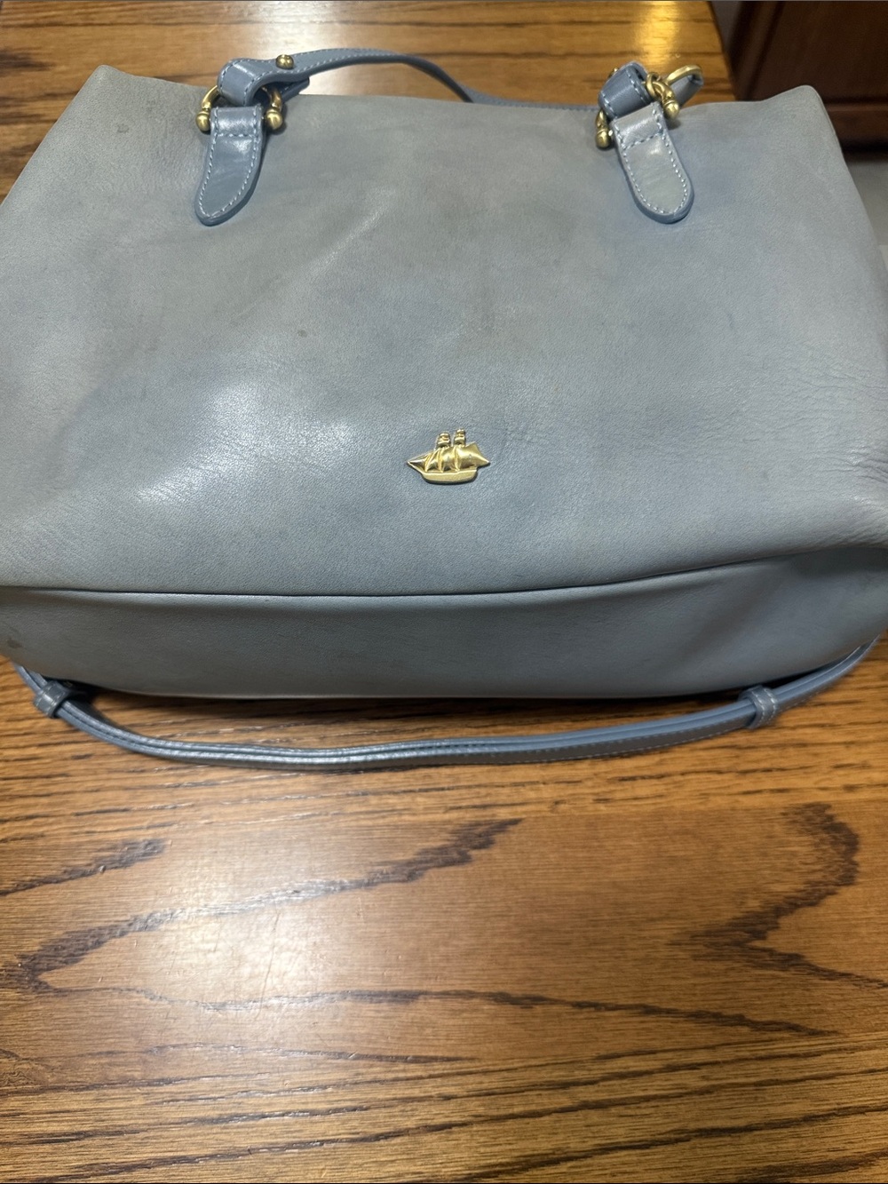 Brahmin Powder Blue Leather Satchel with Gold Ship Accent